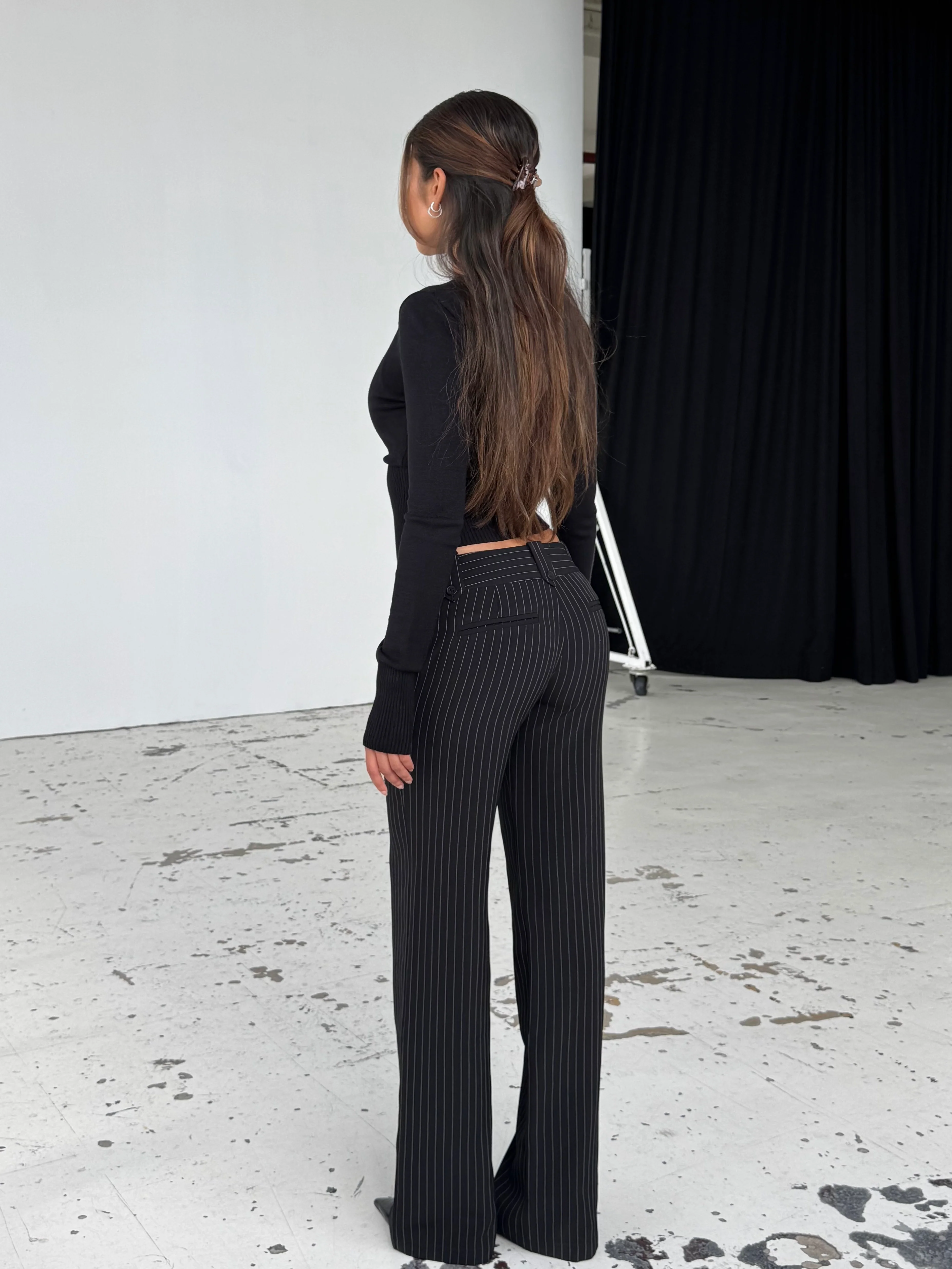 Button low waist pants - Schwarz gestreift - Image 3