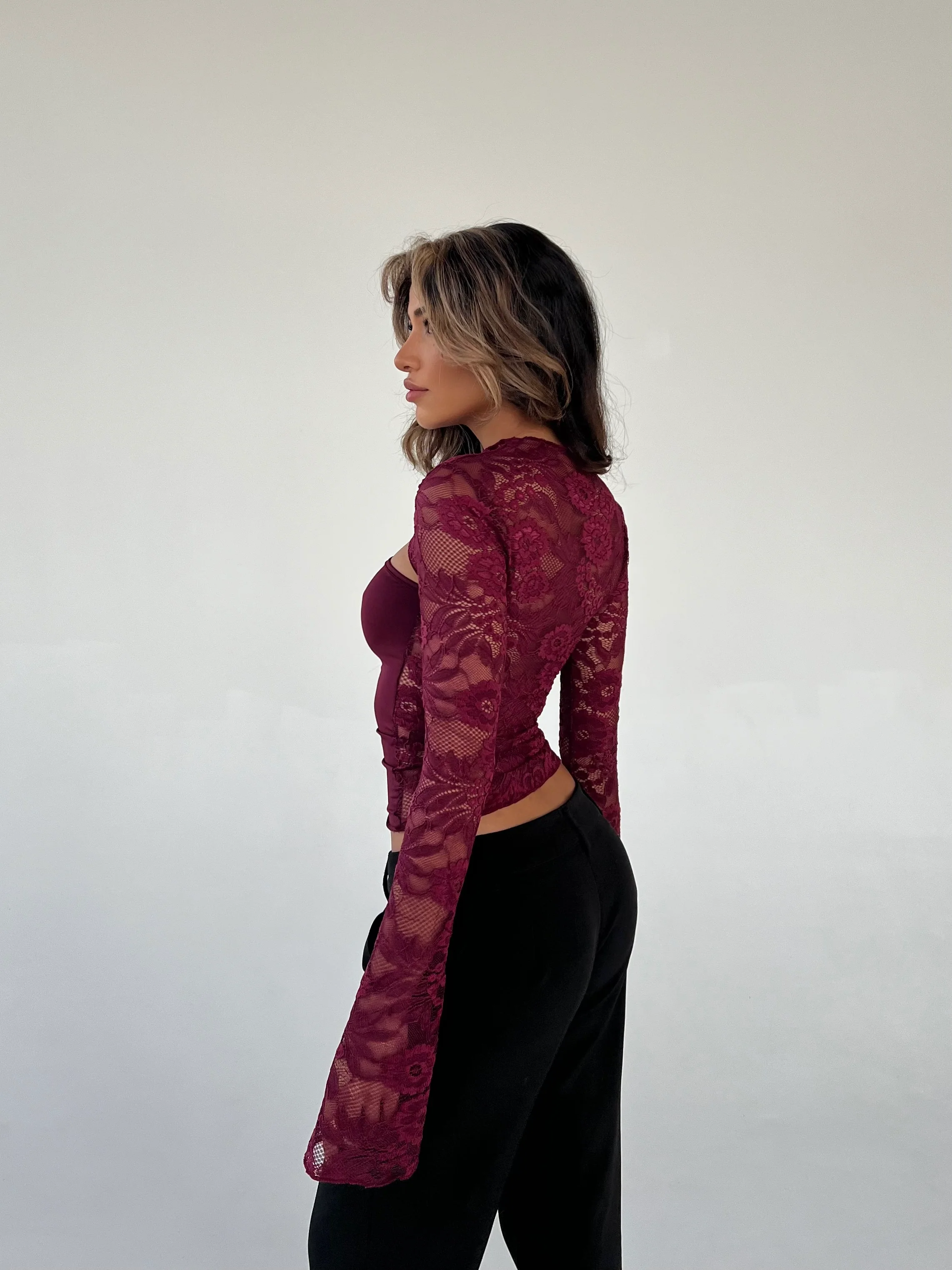 Lara Lace Long Sleeve Top - Bordeaux - Image 2