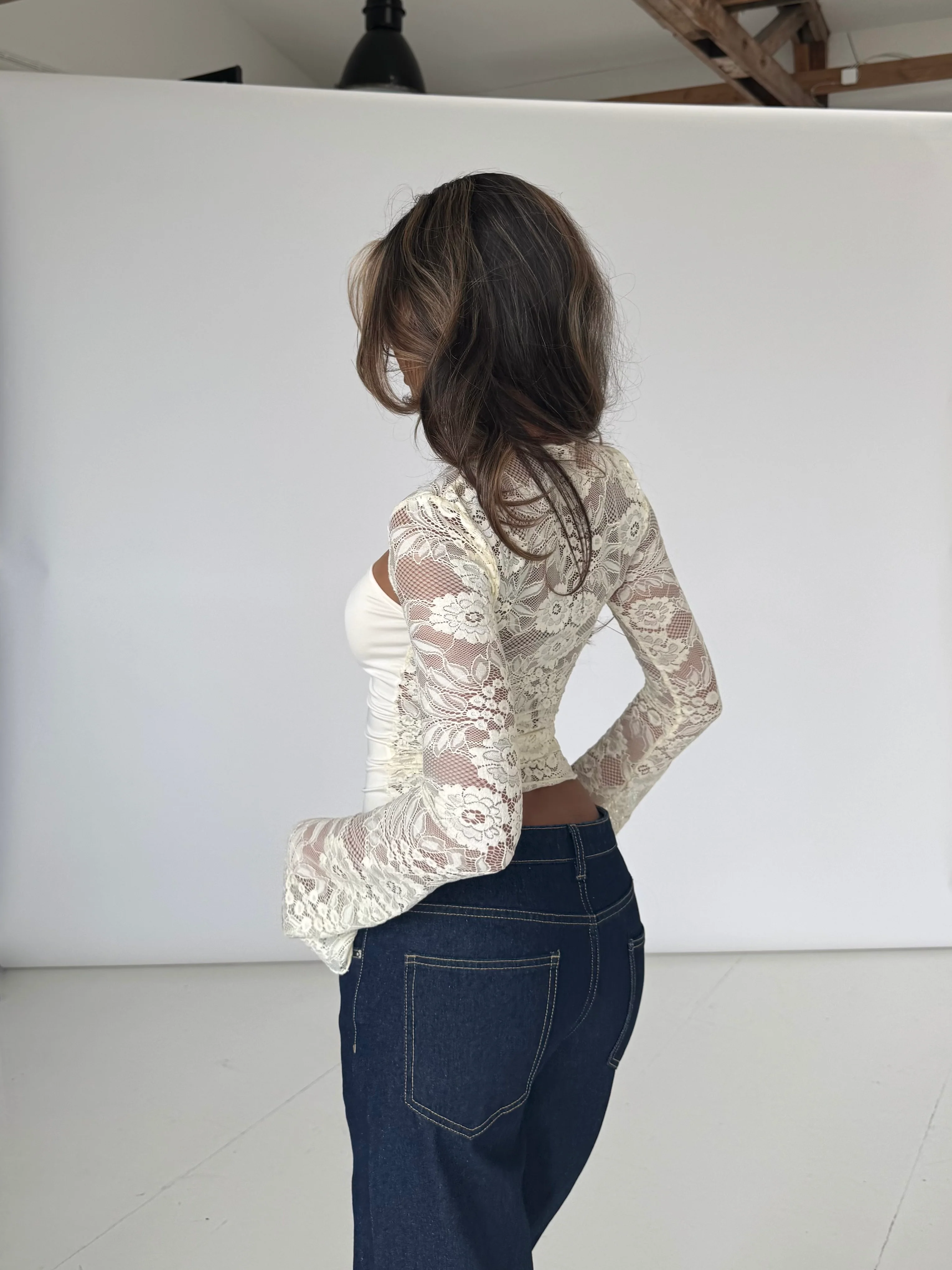 Lara Lace Long Sleeve Top - Creme - Image 4