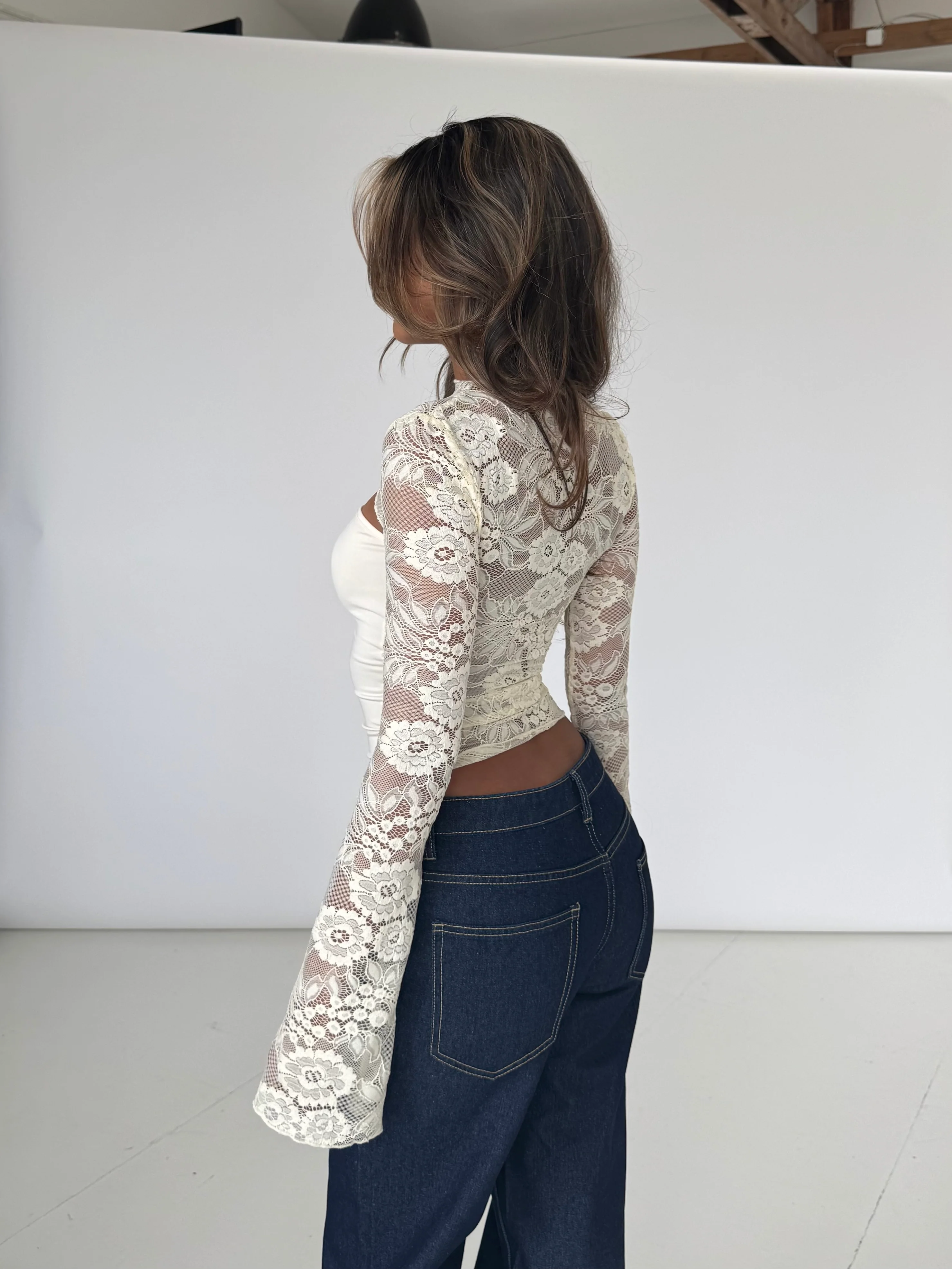 Lara Lace Long Sleeve Top - Creme - Image 5