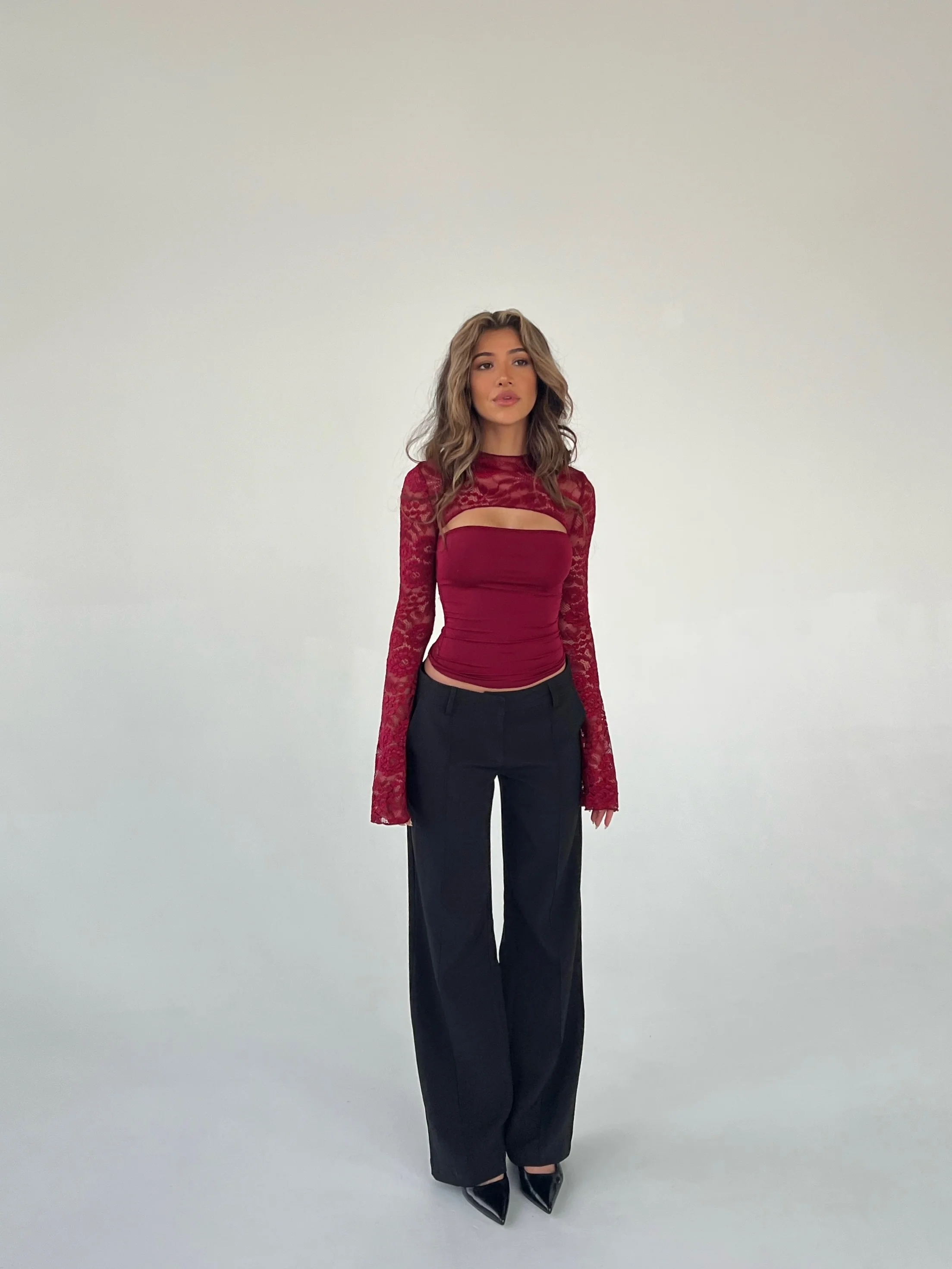 Lara Lace Long Sleeve Top - dunkelrot - Image 4