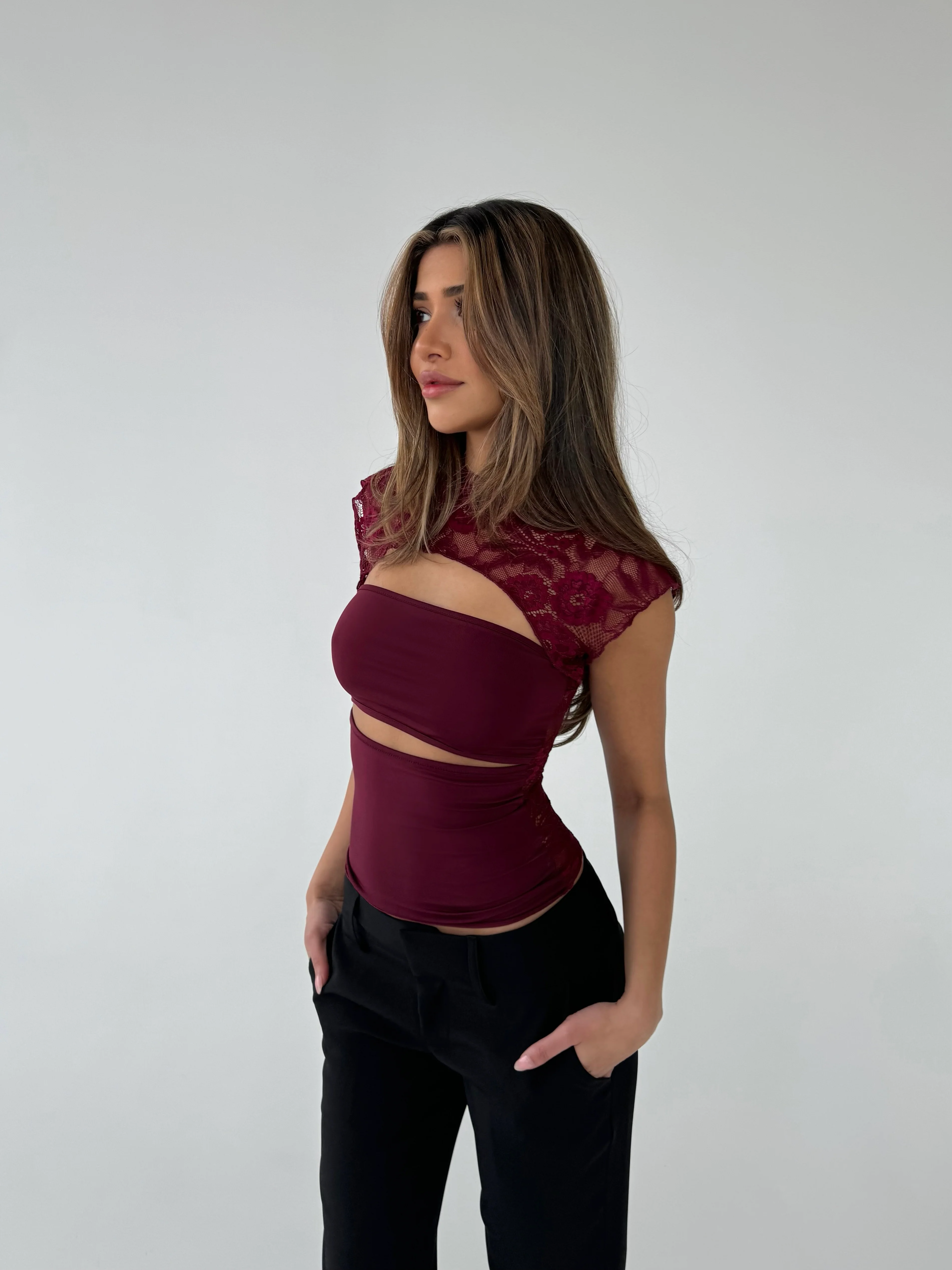 Lucy Lace Top - Bordeaux - Image 2